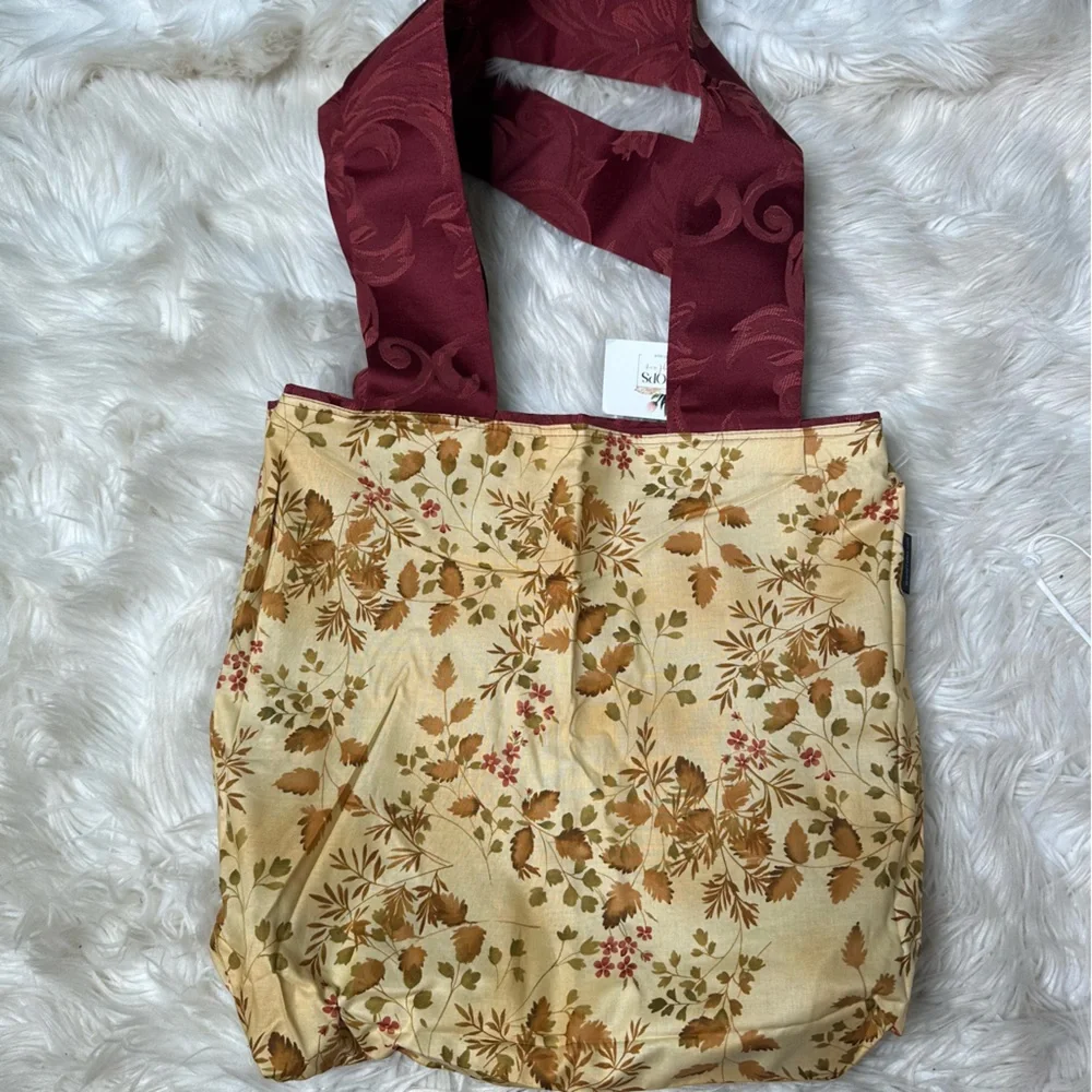 Nwt handmade reversible canvas tote burgundy damask‎ jacquard woven Y2K style